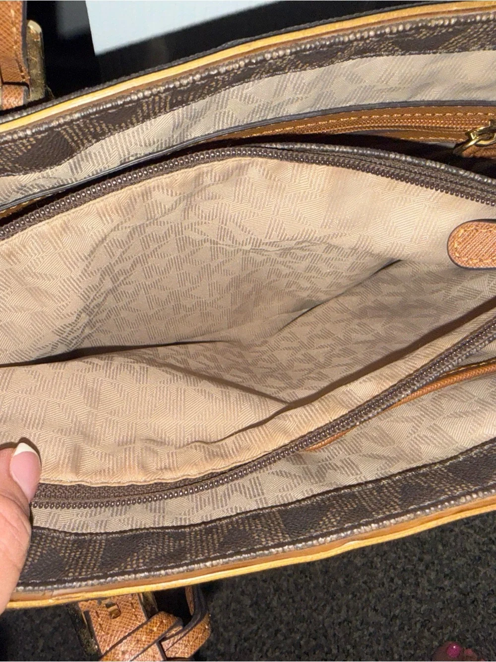 Michael Kors Brown MK Logo Shoulder Tote with Gold Trim